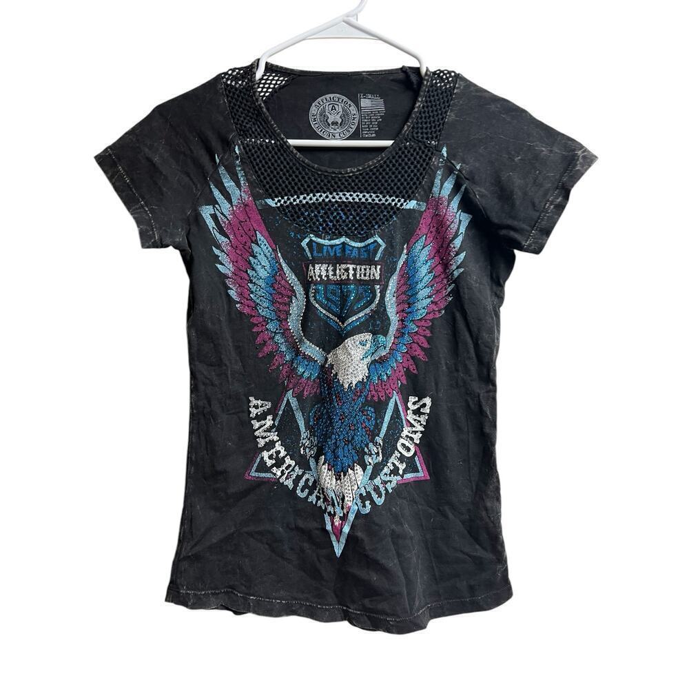 Affliction 1973 American Customs Women's Scoop Neck T-Shirt Black Lava X-Small
